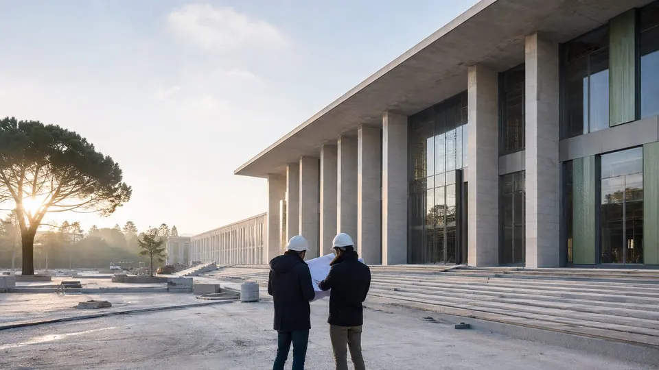 Professionnels étudiant les plans d'un équipement public en construction